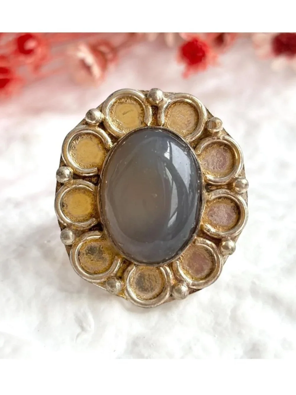 Grey Agate Cabochon Oval Stone Scalloped Sterling Silver 925 Vintage Ring - sz 9